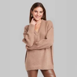 Women's V-Neck Fuzzy Oversized Pullover Sweater - Wild Fable™