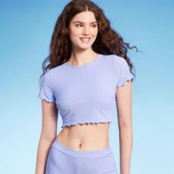 Women's Ruffle Detail Ribbed Short Sleeve Cropped Rashguard - Wild Fable™ Purple -Wild Fable GUEST ae778006 d718 4b51 af3b 2a50e3c3e5f4