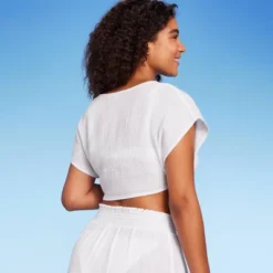 Women's Tie-Front Cover Up Short Sleeve Crop Top - Wild Fable™ White